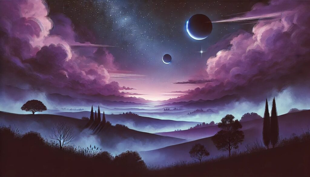 Decorative artwork depicting rolling shadowy hills shrouded in mist. Pink and purple clouds frame a starry sky with two moons. Representative of liminal spaces.